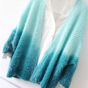 Autumn Green Gradient Knitted Cardigan Sweater..