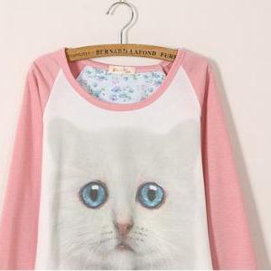 !cute Cat Long Sleeve Pink T-shirt