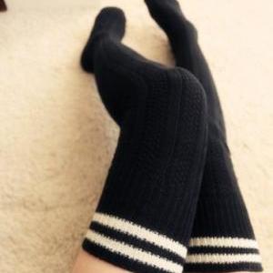 Navy Stripe Knee-high Tights Stockings Black