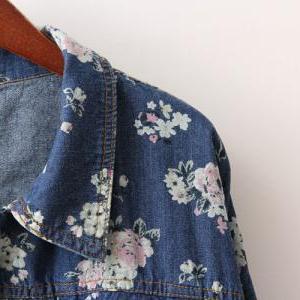 Vintage Flower Loose Denim Jacket Demin Coat