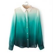 Gradient color white green blue Chiffon shirt fashion blouse