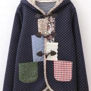 Japanese fashion winter dot patch pocket horn button hooded jackets dark blue