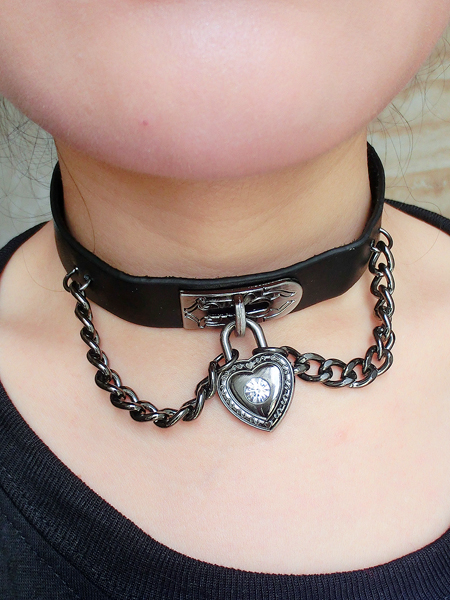 Punk love heart black leather collar necklace chain