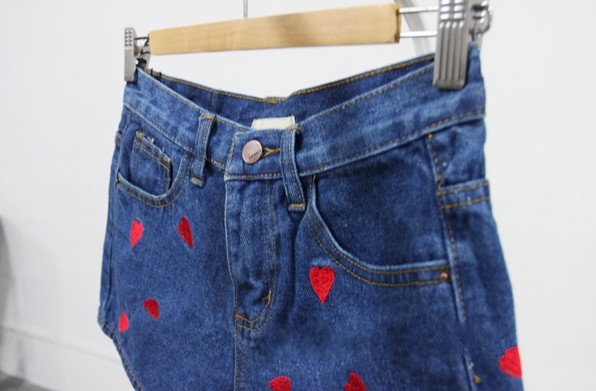 Japanese Harajuku Deep Blue Embroidery Red Hearts Pants Denim Shorts on ...