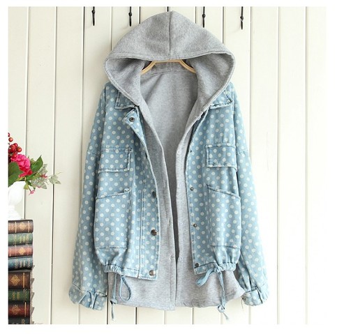Dot Leisure Hooded Two Pieces Denim Jacket
