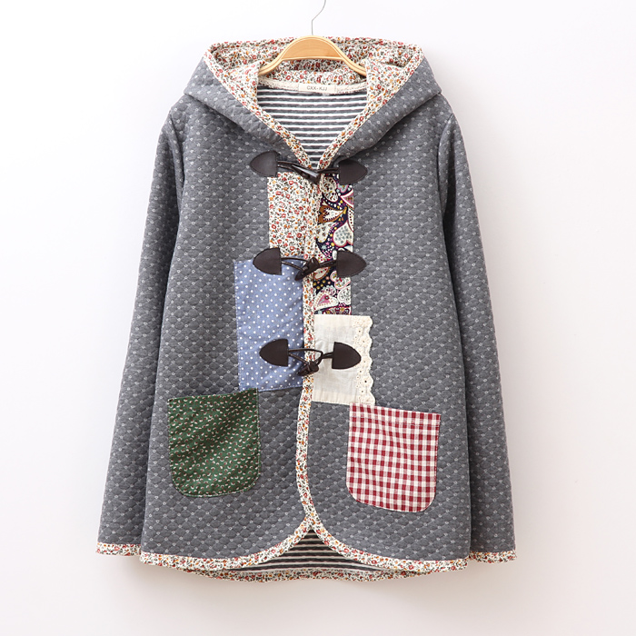 Japanese Fashion Winter Dot Patch Pocket Horn Button Hooded Jackets