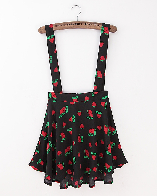 Fresh Strawberry Little Princess Casual Chiffon Suspenders Skirts Black