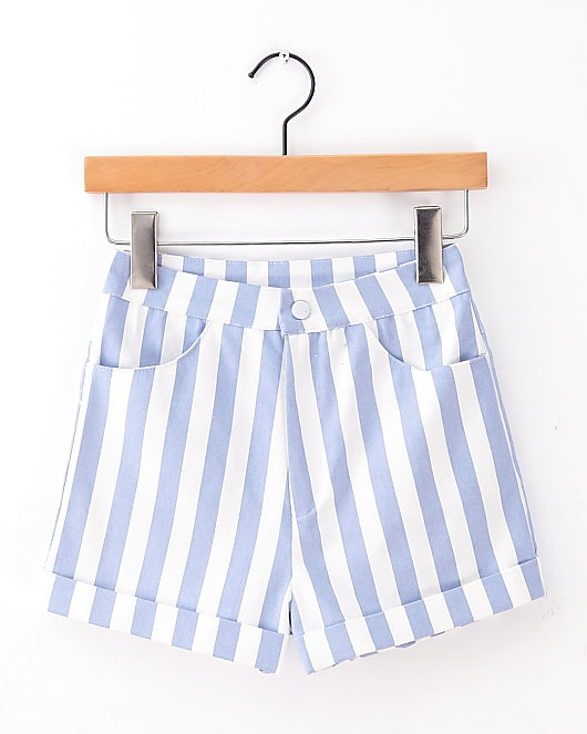 Vertical Stripe Blue And White Sweet Summer Casual Shorts