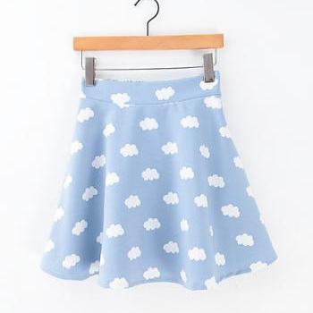 Blue sky and white cloud elastic waist skirt